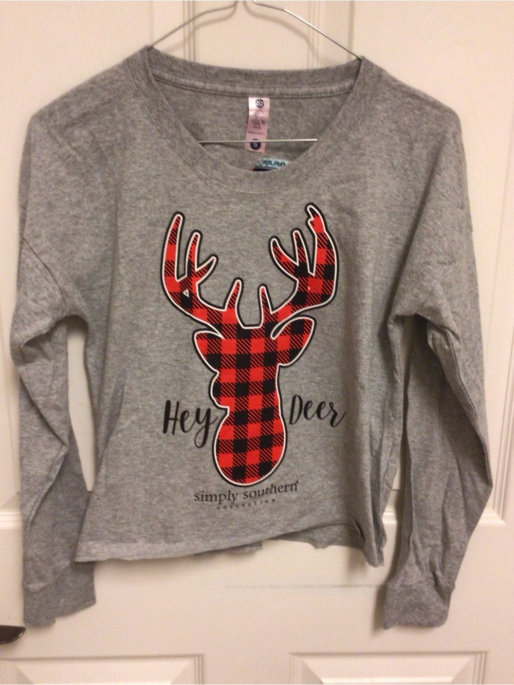 Simply Southern "Hey Deer" Buffalo Plaid Long Sleeve Shortie Tee Small Retired